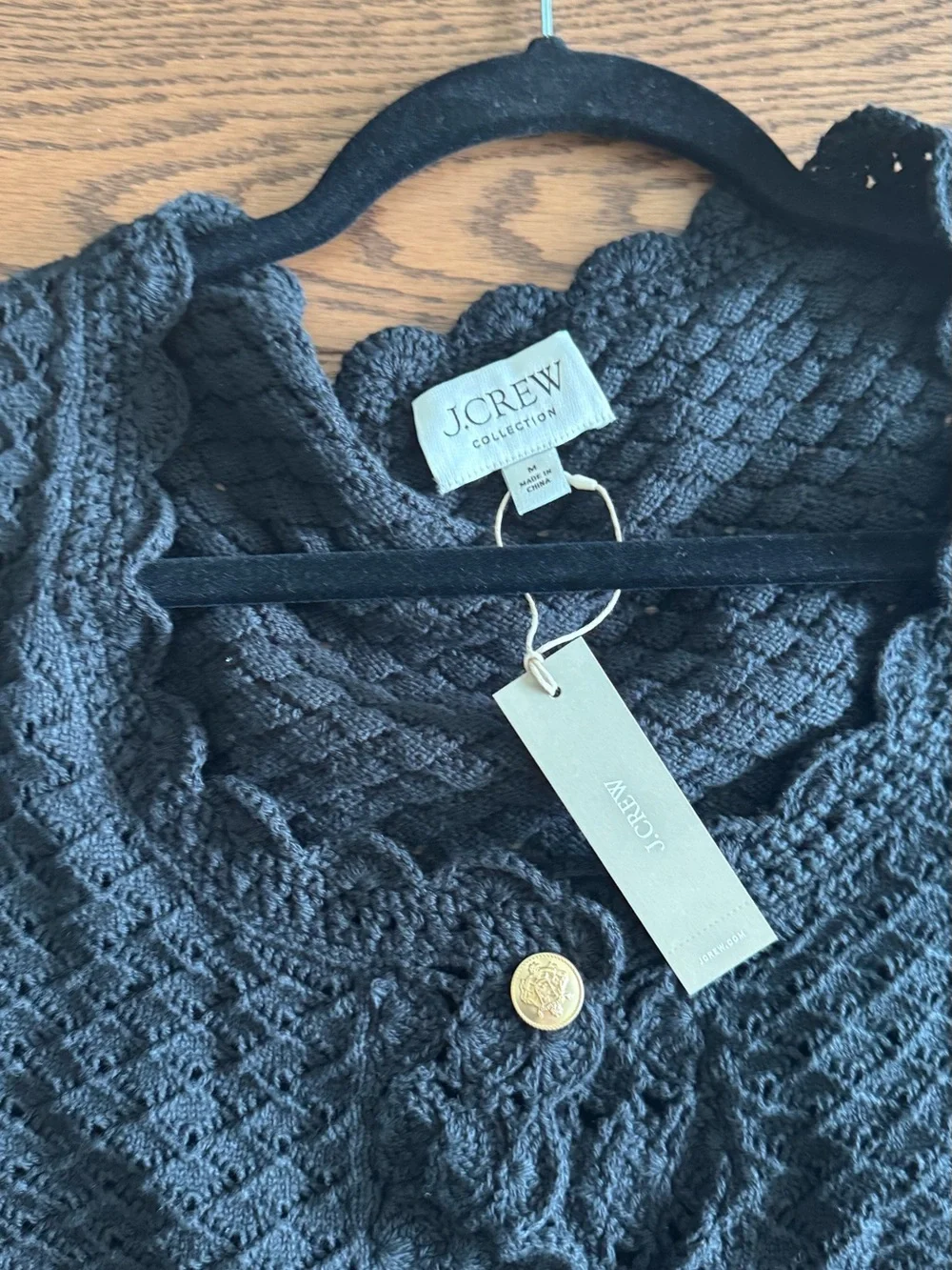 J. Crew Black Crocheted Scallop-Trim Cardigan with Gold Button (M)